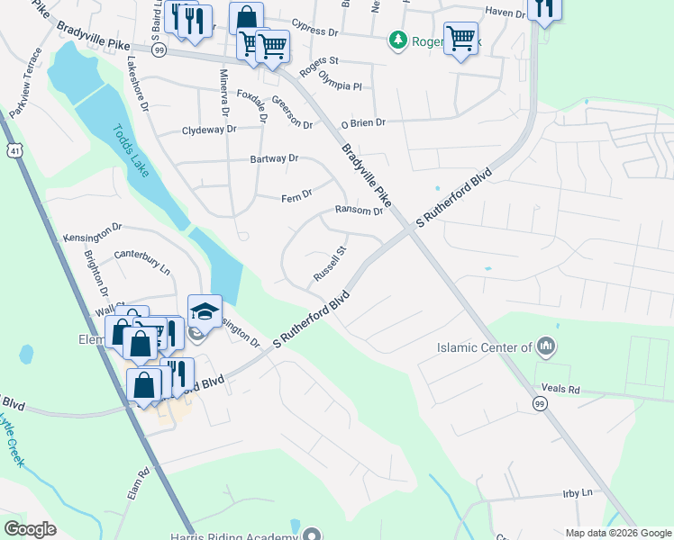 map of restaurants, bars, coffee shops, grocery stores, and more near 1918 Russell Street in Murfreesboro