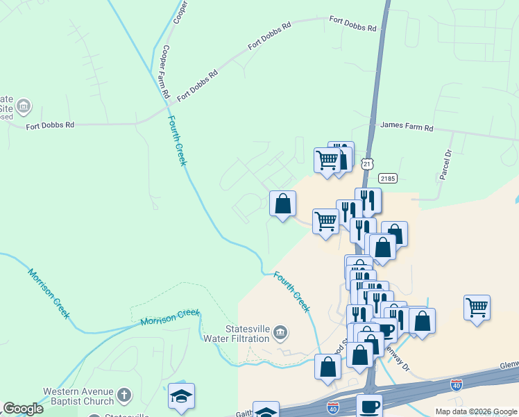 map of restaurants, bars, coffee shops, grocery stores, and more near 131 Muellers Circle in Statesville