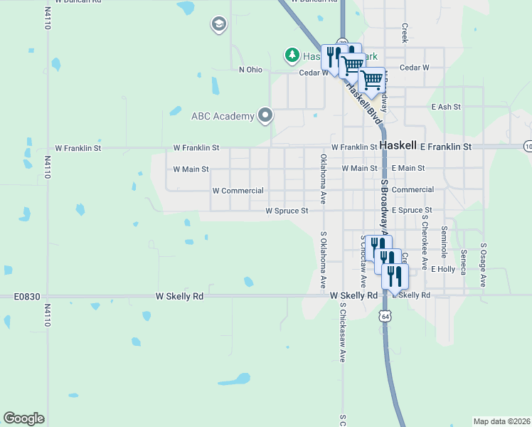 map of restaurants, bars, coffee shops, grocery stores, and more near 702 West Spruce Street in Haskell