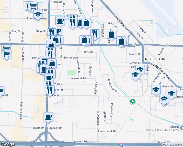map of restaurants, bars, coffee shops, grocery stores, and more near 2214 Clover Drive in Jonesboro