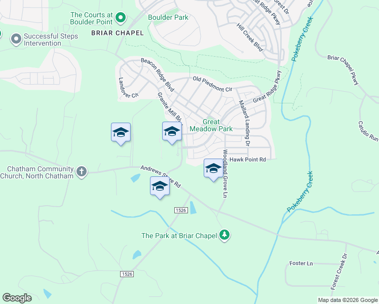 map of restaurants, bars, coffee shops, grocery stores, and more near 2397 Great Ridge Parkway in Chapel Hill