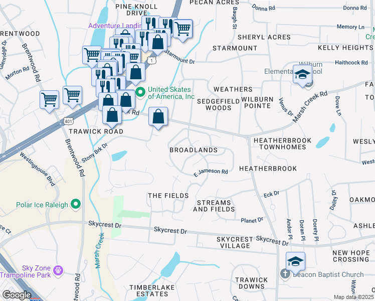 map of restaurants, bars, coffee shops, grocery stores, and more near 3020 West Folkestone Place in Raleigh
