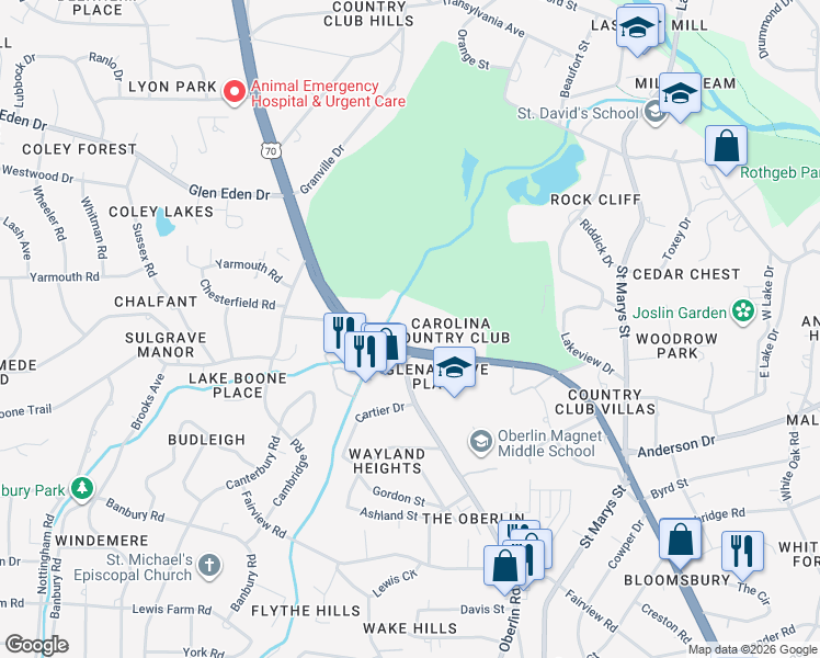 map of restaurants, bars, coffee shops, grocery stores, and more near 2550 Glenwood Avenue in Raleigh