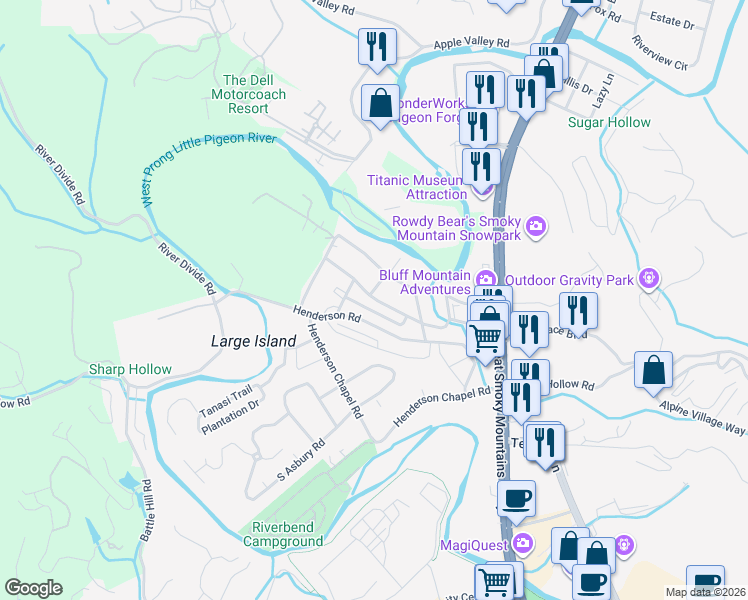 map of restaurants, bars, coffee shops, grocery stores, and more near 322 Meadowbrook Drive in Sevierville