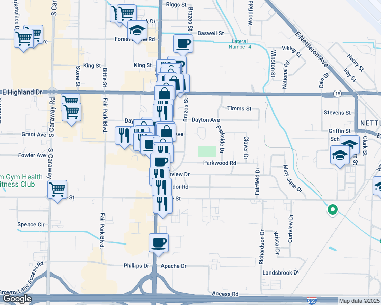 map of restaurants, bars, coffee shops, grocery stores, and more near 2212 Brazos Street in Jonesboro