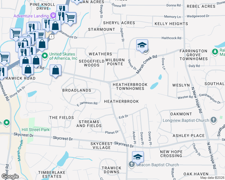 map of restaurants, bars, coffee shops, grocery stores, and more near 2808 Fernhurst Court in Raleigh