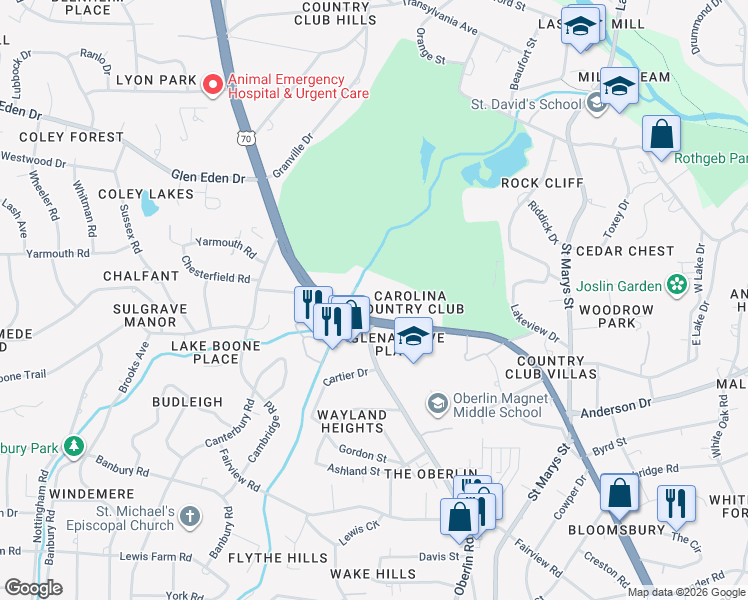 map of restaurants, bars, coffee shops, grocery stores, and more near 2550 Glenwood Avenue in Raleigh