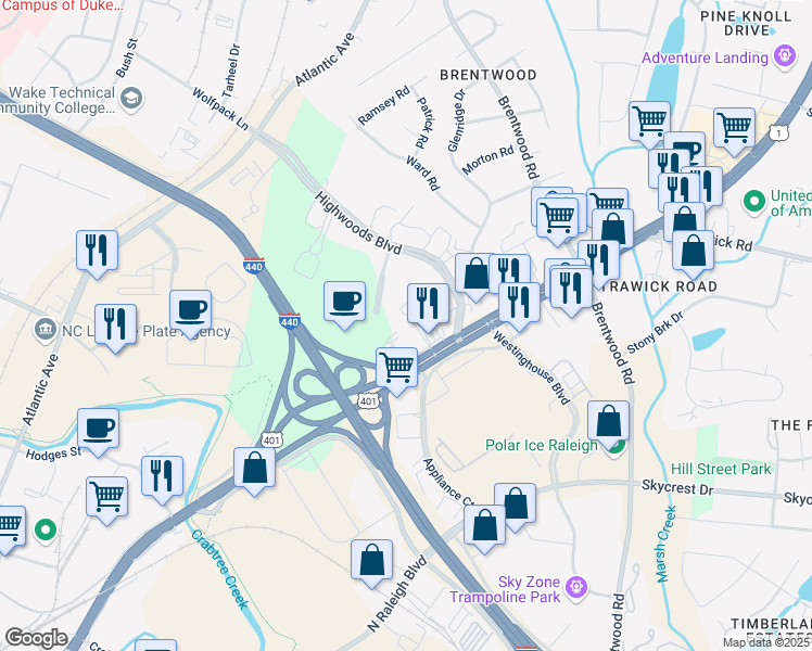 map of restaurants, bars, coffee shops, grocery stores, and more near 2715 Capital Boulevard in Raleigh