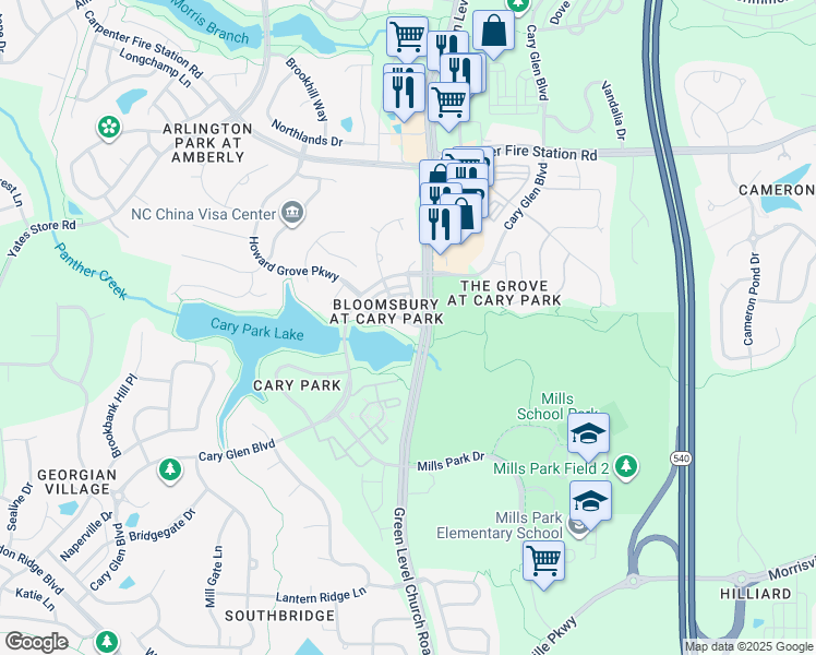 map of restaurants, bars, coffee shops, grocery stores, and more near 211 Broadgait Brae Road in Cary