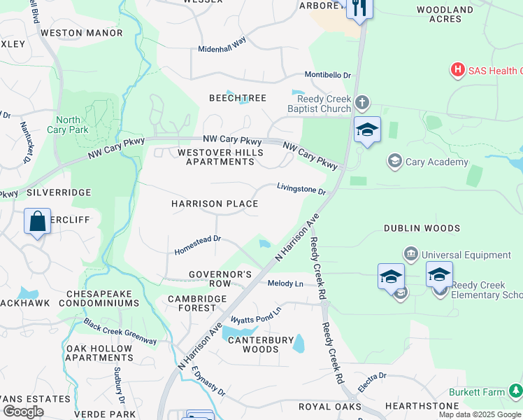 map of restaurants, bars, coffee shops, grocery stores, and more near 103 Tasman Court in Cary