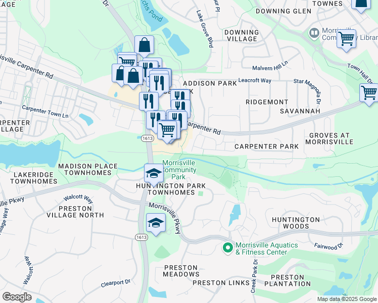map of restaurants, bars, coffee shops, grocery stores, and more near 320 Madres Lane in Morrisville