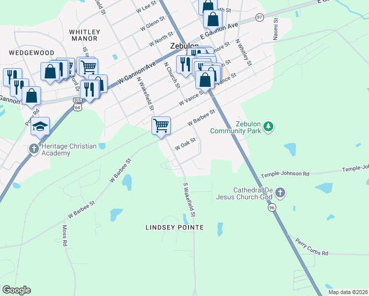 map of restaurants, bars, coffee shops, grocery stores, and more near 217 West Oak Street in Zebulon