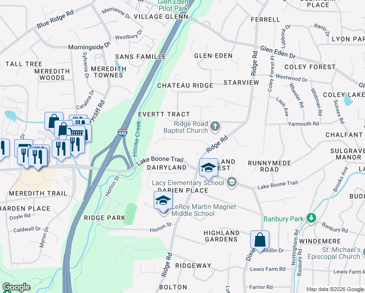 map of restaurants, bars, coffee shops, grocery stores, and more near 3333 Ocotea Street in Raleigh