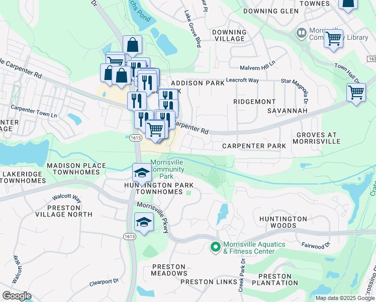 map of restaurants, bars, coffee shops, grocery stores, and more near 908 Claret Lane in Morrisville