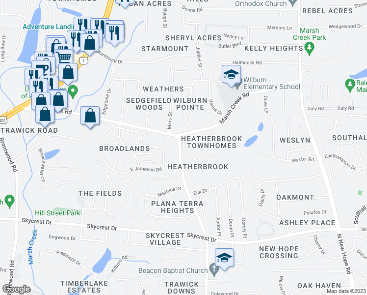 map of restaurants, bars, coffee shops, grocery stores, and more near 3506 Herndon Oaks Way in Raleigh