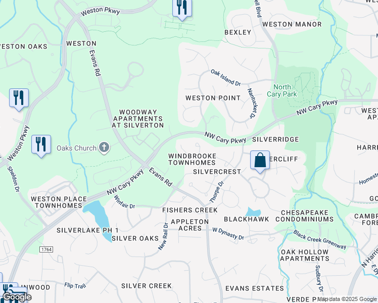 map of restaurants, bars, coffee shops, grocery stores, and more near 214 Windbyrne Drive in Cary