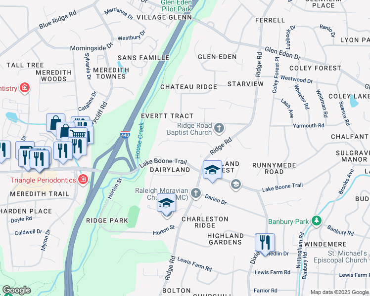 map of restaurants, bars, coffee shops, grocery stores, and more near 3333 Ocotea Street in Raleigh
