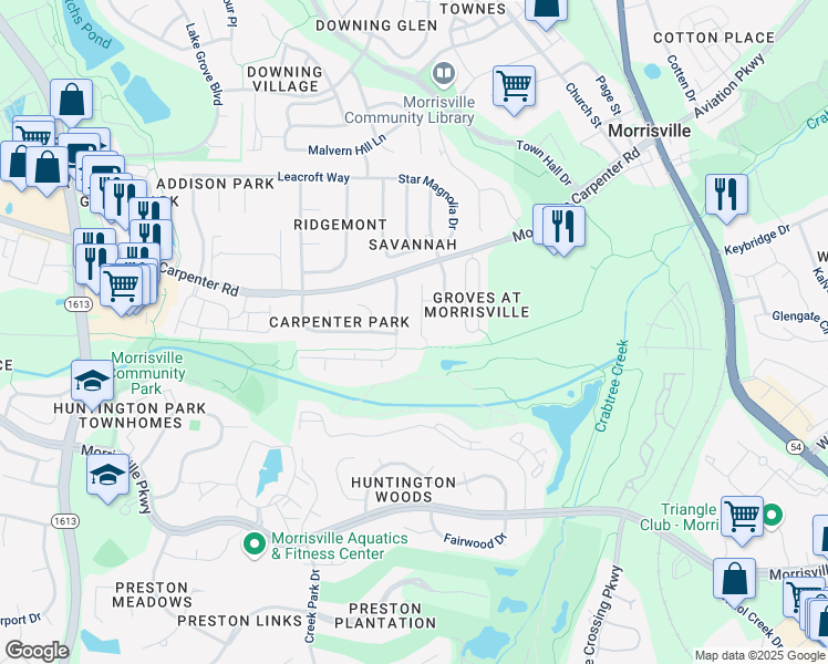 map of restaurants, bars, coffee shops, grocery stores, and more near 108 Low Country Court in Morrisville