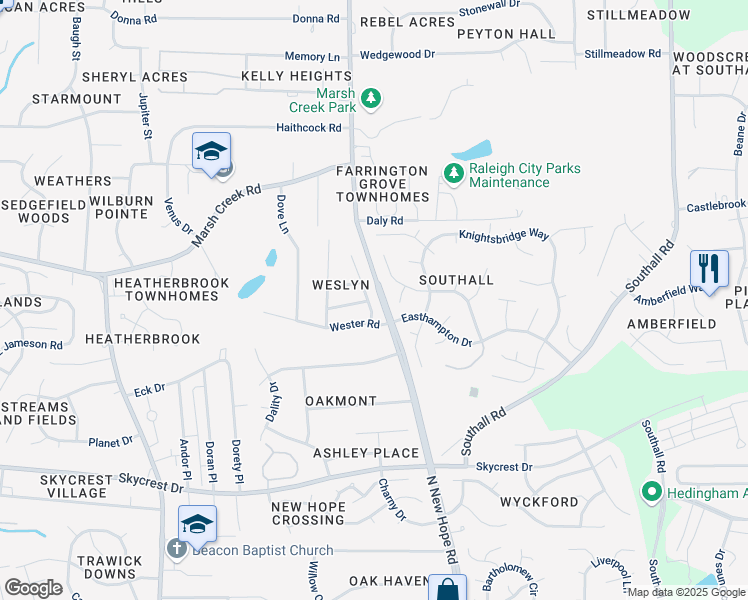 map of restaurants, bars, coffee shops, grocery stores, and more near 2925 Glade Aster Court in Raleigh