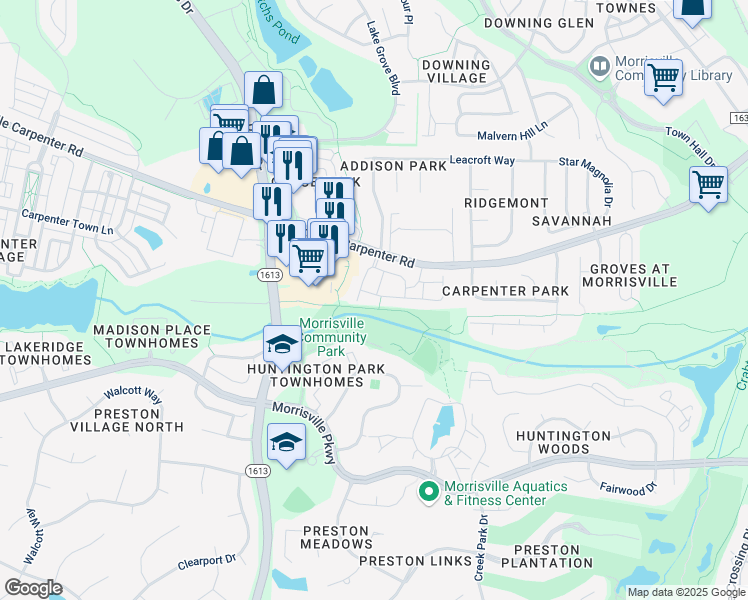 map of restaurants, bars, coffee shops, grocery stores, and more near 908 Claret Lane in Morrisville