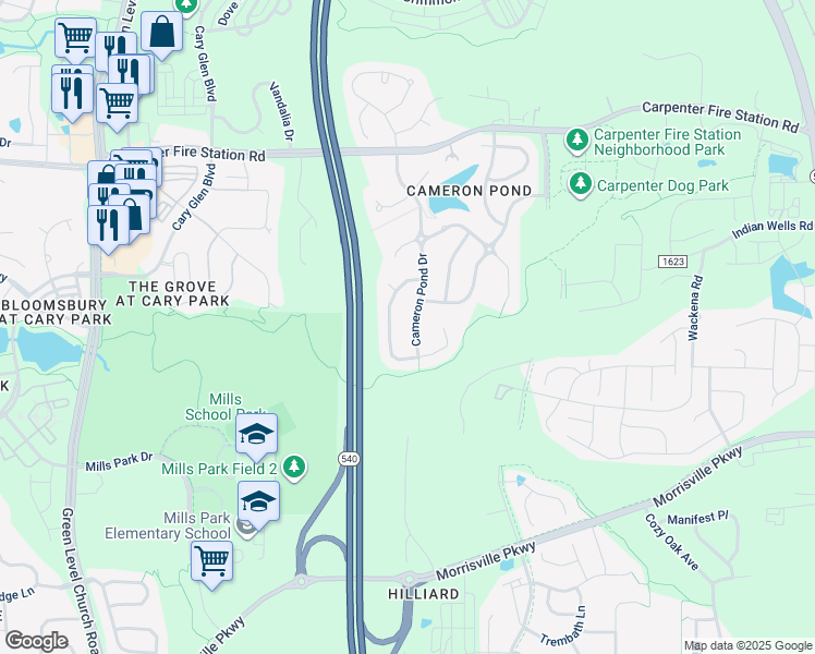 map of restaurants, bars, coffee shops, grocery stores, and more near 1991 Cameron Pond Drive in Cary
