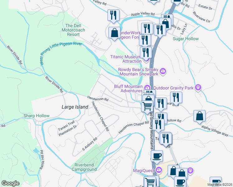 map of restaurants, bars, coffee shops, grocery stores, and more near 322 Meadowbrook Drive in Sevierville