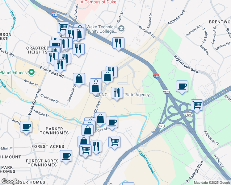 map of restaurants, bars, coffee shops, grocery stores, and more near 2600 Atlantic Avenue in Raleigh