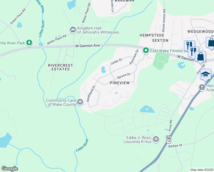 map of restaurants, bars, coffee shops, grocery stores, and more near 1221 Spruce Drive in Zebulon