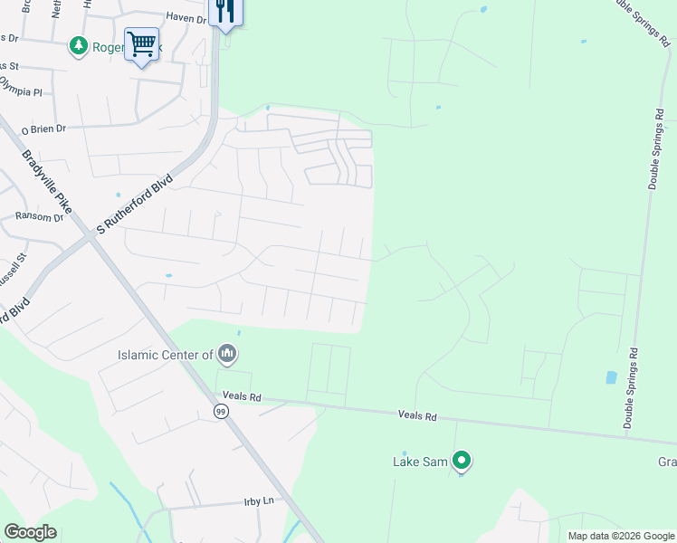 map of restaurants, bars, coffee shops, grocery stores, and more near 2717 Calais Court in Murfreesboro