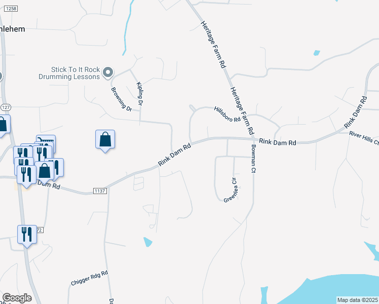 map of restaurants, bars, coffee shops, grocery stores, and more near 1082 Rink Dam Road in Taylorsville