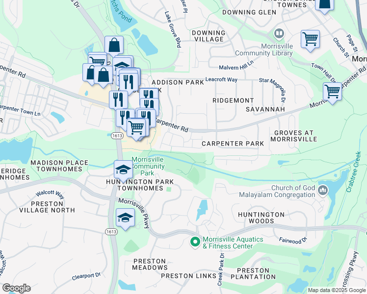 map of restaurants, bars, coffee shops, grocery stores, and more near 2000 Claret Lane in Morrisville