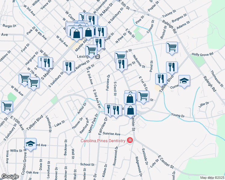 map of restaurants, bars, coffee shops, grocery stores, and more near 219 Fairview Drive in Lexington