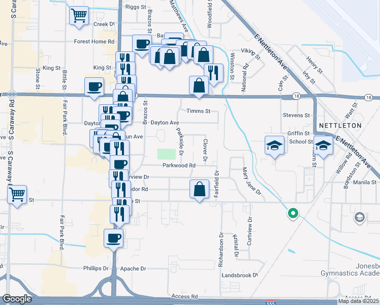 map of restaurants, bars, coffee shops, grocery stores, and more near 2213 Sutton Drive in Jonesboro