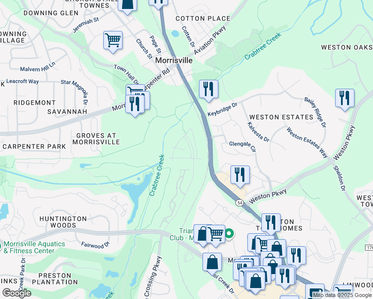 map of restaurants, bars, coffee shops, grocery stores, and more near 100 Walnut Forest Lane in Morrisville