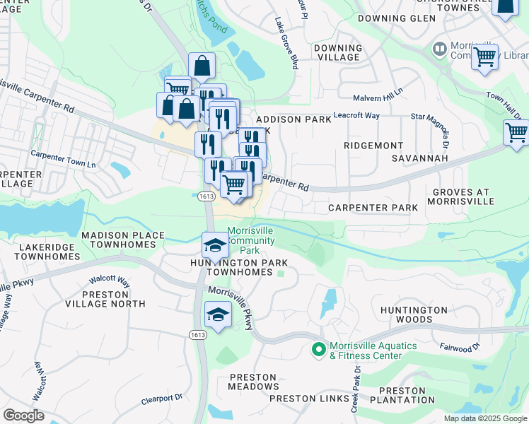 map of restaurants, bars, coffee shops, grocery stores, and more near 312 Madres Lane in Morrisville