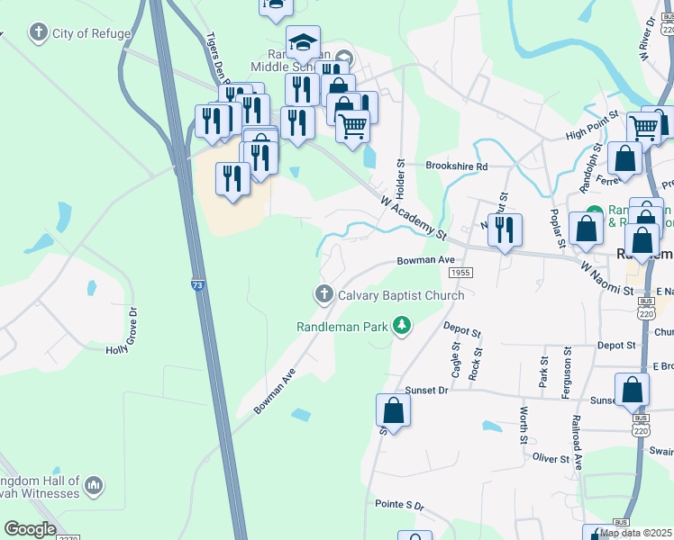 map of restaurants, bars, coffee shops, grocery stores, and more near 4210 Bentley Drive in Randleman