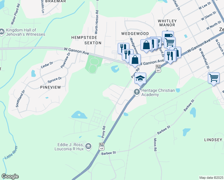 map of restaurants, bars, coffee shops, grocery stores, and more near 451 Pony Road in Zebulon
