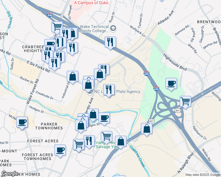 map of restaurants, bars, coffee shops, grocery stores, and more near 2631 Mellowfield Drive in Raleigh