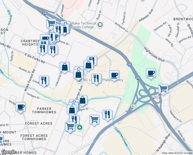 map of restaurants, bars, coffee shops, grocery stores, and more near 2600 Atlantic Avenue in Raleigh
