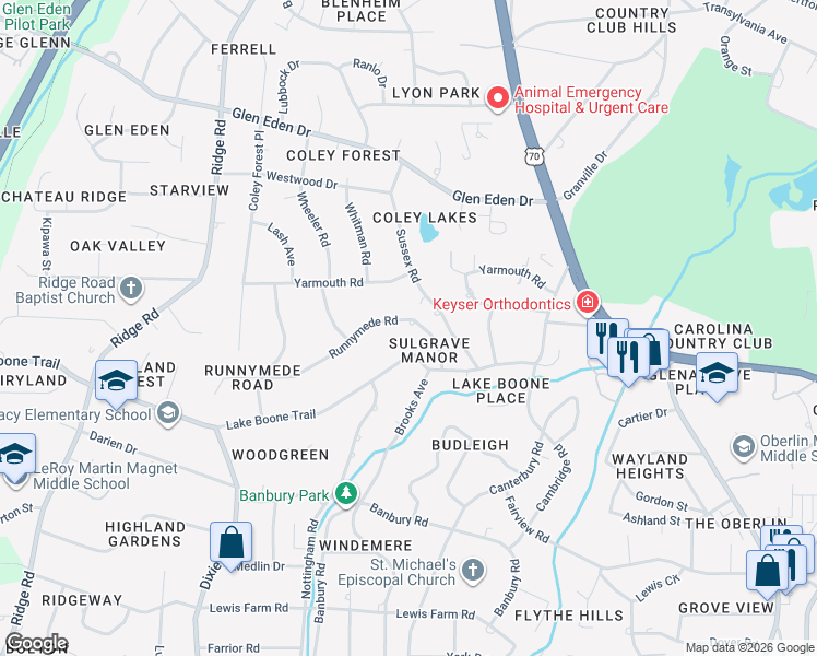 map of restaurants, bars, coffee shops, grocery stores, and more near 713 Runnymede Road in Raleigh