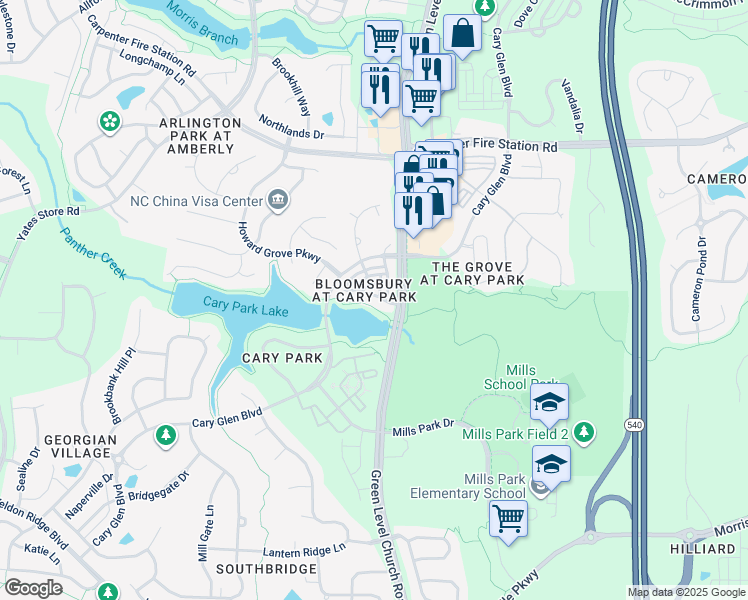 map of restaurants, bars, coffee shops, grocery stores, and more near 203 Broadgait Brae Road in Cary