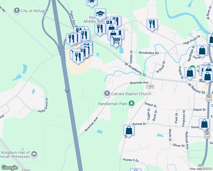 map of restaurants, bars, coffee shops, grocery stores, and more near 4060 Bentley Drive in Randleman