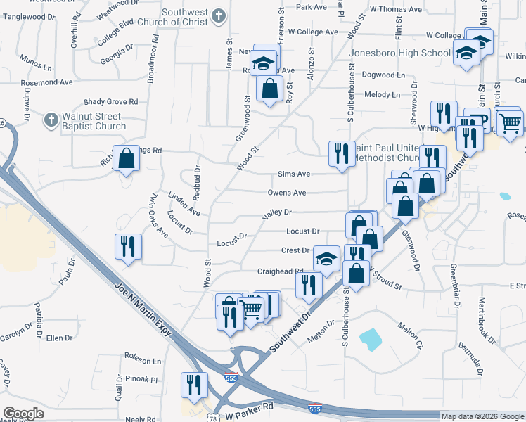 map of restaurants, bars, coffee shops, grocery stores, and more near 740 Marcom Drive in Jonesboro