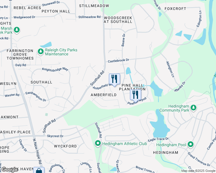 map of restaurants, bars, coffee shops, grocery stores, and more near 5108 Amberfield Way in Raleigh