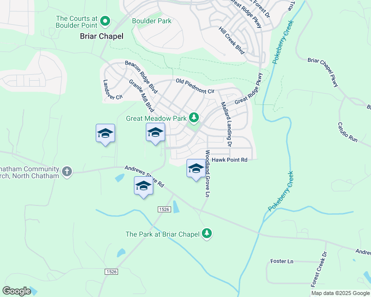 map of restaurants, bars, coffee shops, grocery stores, and more near 2361 Great Ridge Parkway in Chapel Hill