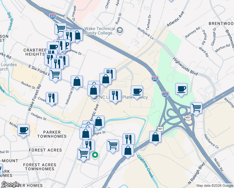 map of restaurants, bars, coffee shops, grocery stores, and more near 2631 Mellowfield Drive in Raleigh