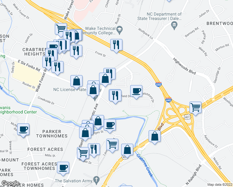 map of restaurants, bars, coffee shops, grocery stores, and more near 2631 Mellowfield Drive in Raleigh