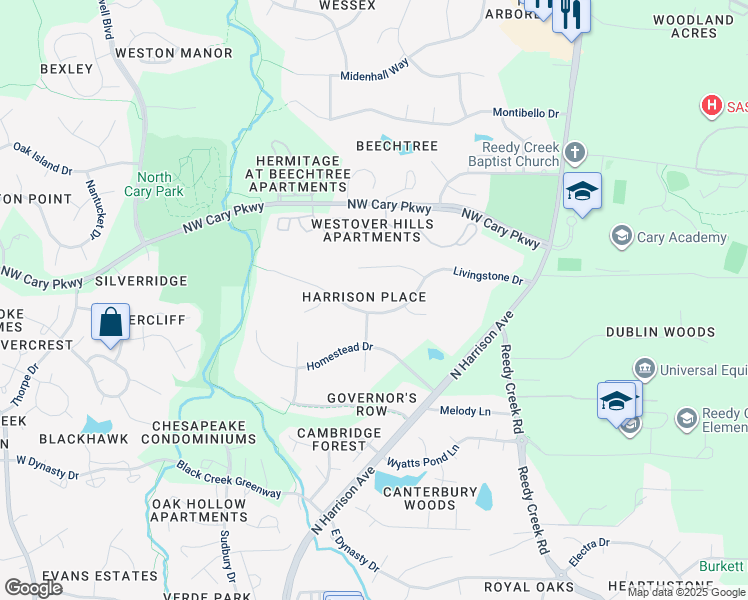 map of restaurants, bars, coffee shops, grocery stores, and more near 210 Livingstone Drive in Cary