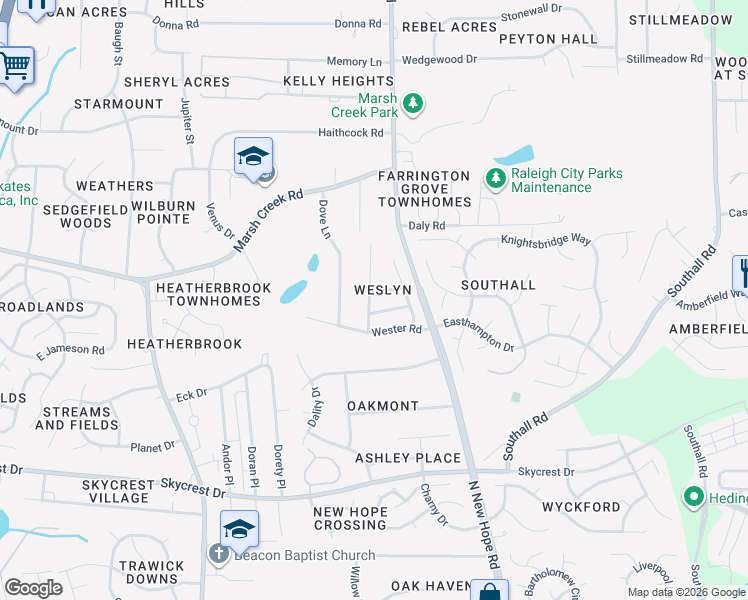 map of restaurants, bars, coffee shops, grocery stores, and more near 4004 Flat Sedge Lane in Raleigh