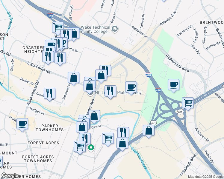 map of restaurants, bars, coffee shops, grocery stores, and more near 2631 Mellowfield Drive in Raleigh